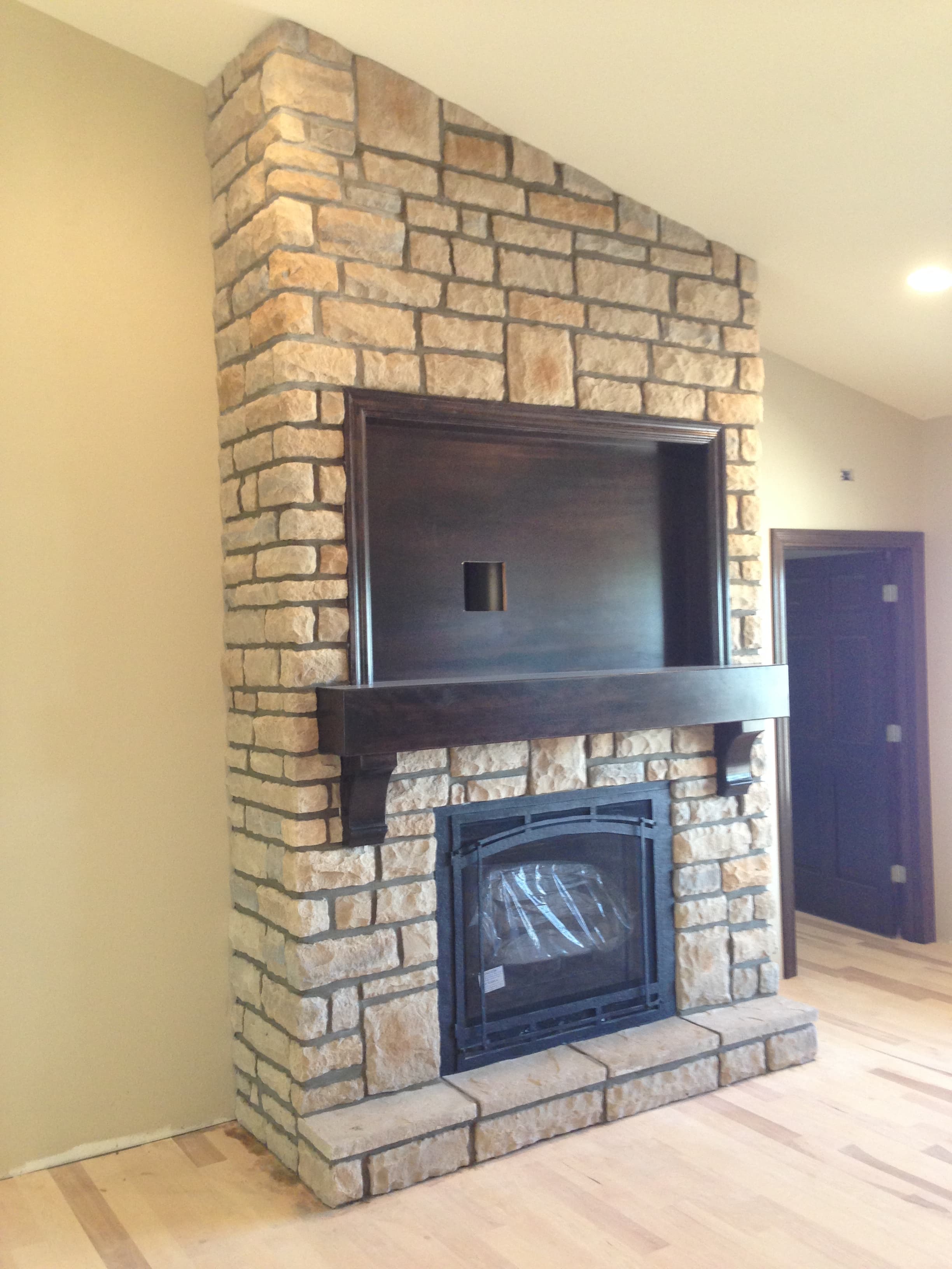 Interior stone fireplace