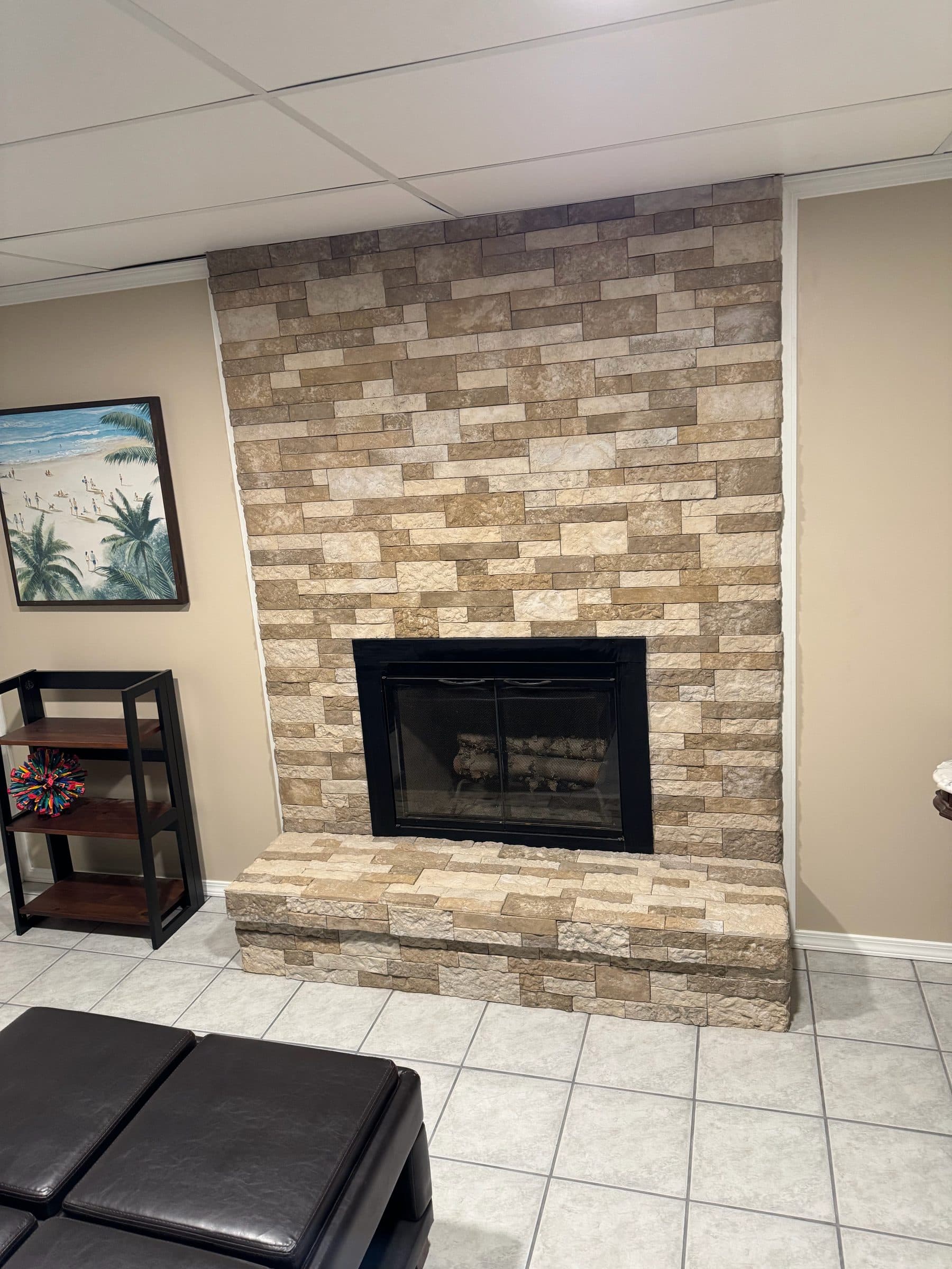 Interior stacked-stone fireplace